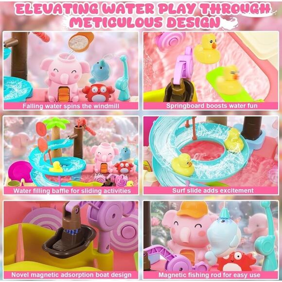 Kids Play Sink with Running Water, 4-in-1 Water Table Toy with Slide Track, Pink - Picture 2 of 5